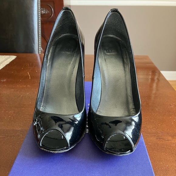 Stuart Weitzman Logoflame Black Patent Peep-toe Heels Sz 9M - Picture 6 of 8